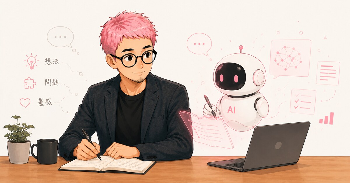 粉紅頭髮主角在書桌前用紙筆寫作，旁邊有一隻白色 AI 機器人協作寫下粉紅色筆記，背景浮現想法、問題、靈感等概念符號