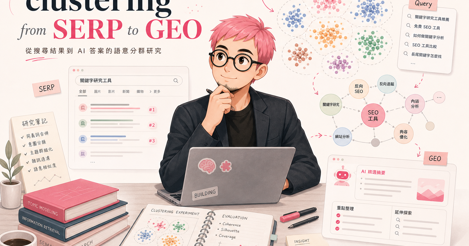 粉紅頭髮主角站在 SERP、query clustering 與 GEO 研究圖層之間，呈現語意分群與搜尋研究的實驗場
