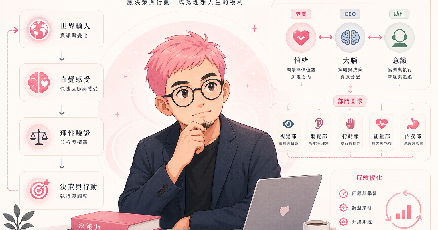 粉紅頭髮主角坐在筆電前，周圍以組織結構與決策流程圖呈現直覺、理性與自我管理的協作關係