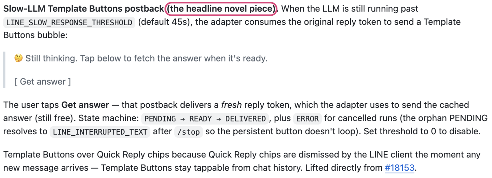 Hermes 官方文件截圖:把 Slow-LLM Template Buttons postback 設計稱為「the headline novel piece」,並標明「Lifted directly from #18153」(我的 PR)