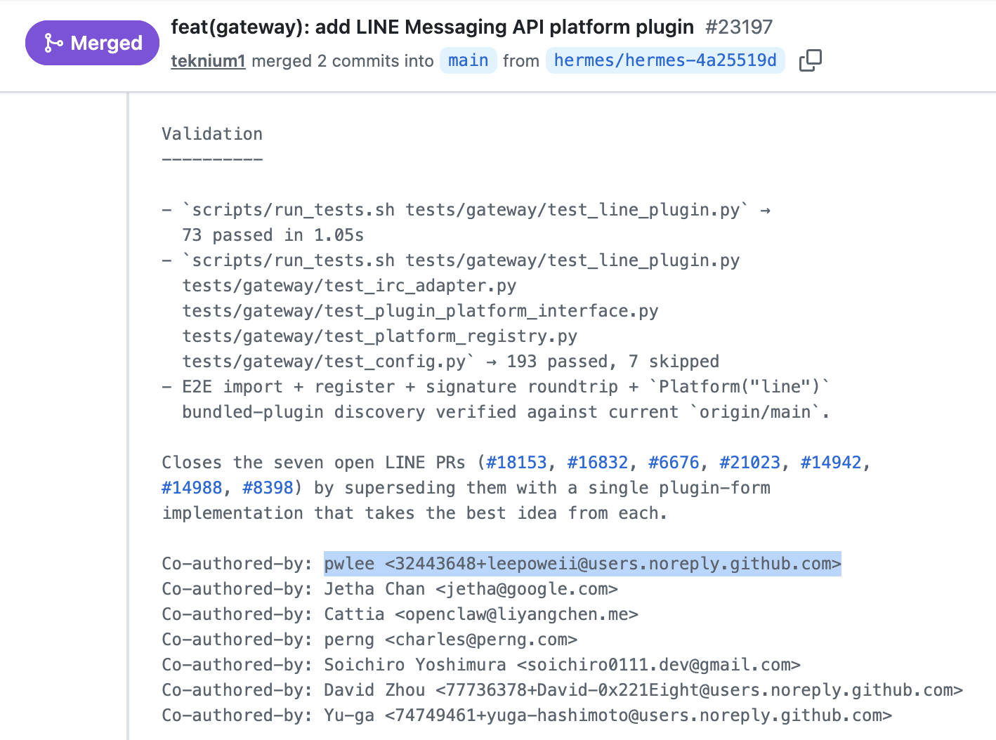 圖片：merged PR 中保留 Co-authored-by 的截圖，顯示我的 GitHub 身份被正式列入合成 PR。