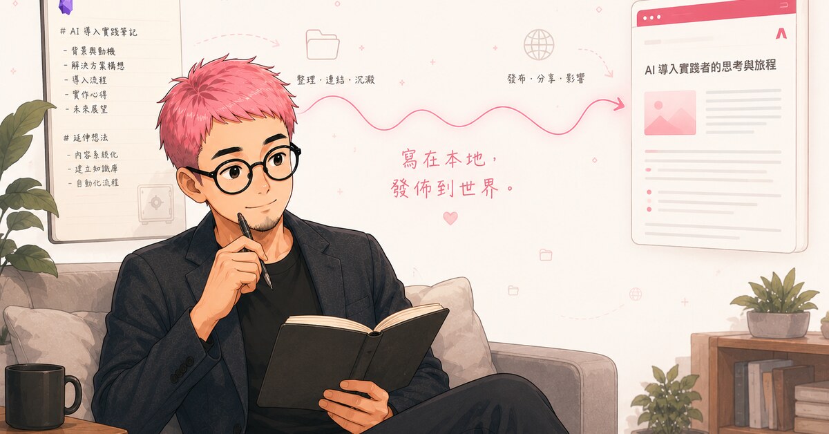 粉紅頭髮主角坐在沙發上拿著筆記本沉思，左側浮現 Obsidian 樣式的結構化筆記，右側是 Astro 樣式的發布網站，中間有粉紅色流線連接，標語「寫在本地，發佈到世界」